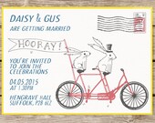 Wedding Invitation With Illustrated Rabbits / Tandem Bike, Fun Wedding Invites, Colourful, Quirky, Different, Personalised Bunny Invitations