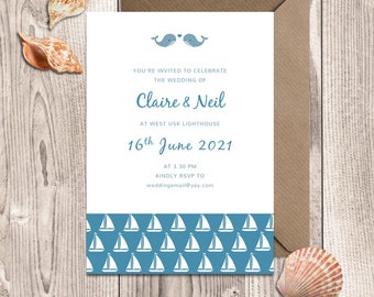 Sea themed wedding Invitations, Whales, Boats, Nautical theme, Seaside wedding invites with envelopes, Personalised design, Blue & White