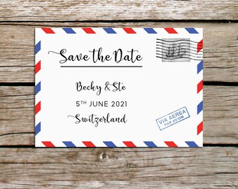 Travel theme wedding save the date cards, Travel save the dates, Personalised wedding stationery with envelopes, Retro air mail design