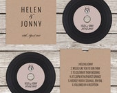 Rustic 'vinyl' record CD wedding invitation, personalised kraft sleeves, custom vintage music themed invitations, retro handmade music lover