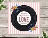 Retro vinyl record wedding invitation, personalised record invites, custom vintage music themed invitations, handmade, floral, music lovers