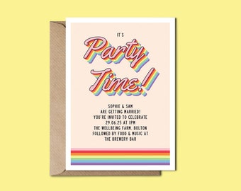 Retro Rainbow Wedding Invitations / Birthday Party Invitation With Envelopes, Bright, Colourful Wedding, 70's / 80's / 90's, Vintage