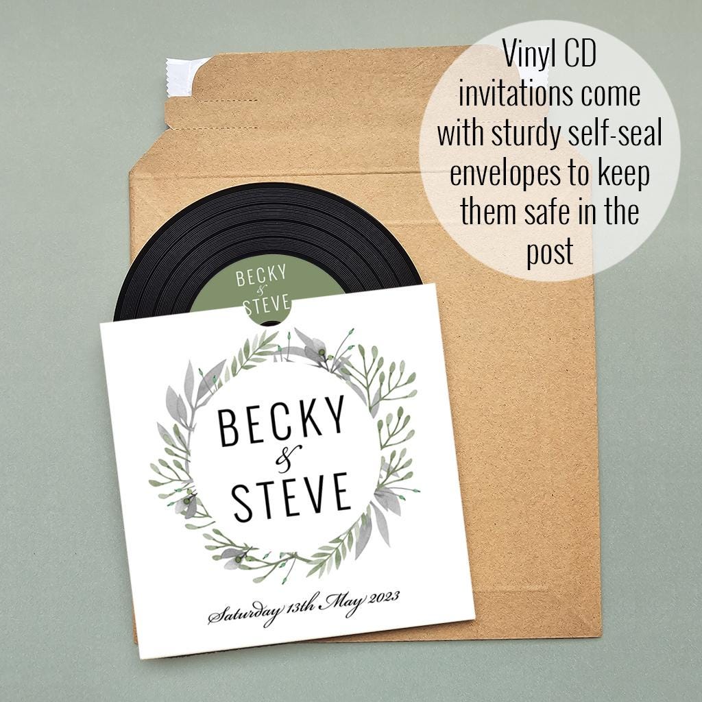 Rustic 'vinyl' Record CD Wedding Invitation, Personalised Kraft Sleeves ...
