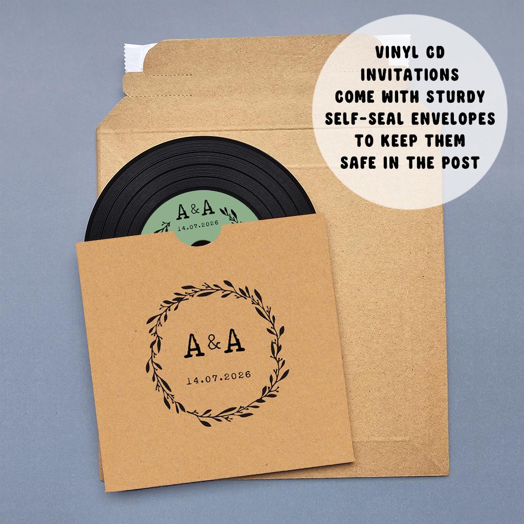 Rustic 'vinyl' Record CD Wedding Invitation, Personalised Kraft Sleeves ...
