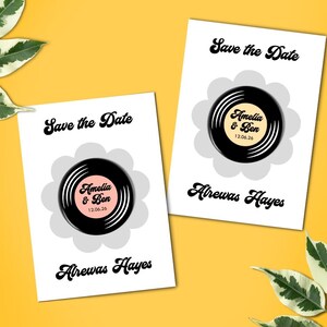Vinyl design Save the Date Magnets, Vinyl record magnets, Save the date cards, Personalised wedding stationery with envelopes, Music themed