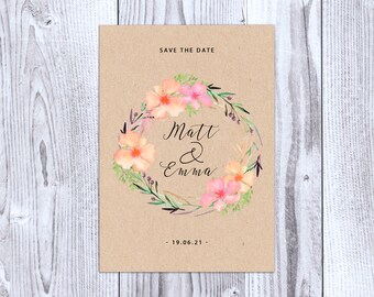 Floral Wreath Wedding Save the Date Cards, Watercolour Flower Design Save the Dates, Personalised Wedding Stationery, Luxury Cards, Pretty