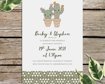 Cactus Wedding Invitations, Cute Cacti Design, Personalised Wedding Invites With Envelopes, Modern Wedding, Quirky & Fun Invitations, Green