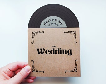 Rustic Vinyl Record Design Wedding Invitations, Personalised Kraft Invites, Custom Vintage Music Themed invitation, Retro Music Lovers