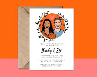Digital Personalised Couple Portrait Wedding Invitations / Party Invitation, Colourful Wedding, Bespoke Illustrated Design