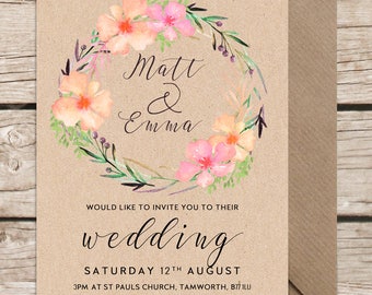 Floral Spring / Summer Wedding Invitations, Watercolour Flower Wreath, Eco Friendly, Personalised Luxury Invites With Envelopes, Colourful