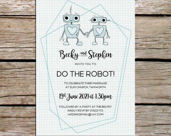 Robot themed alternative wedding invitations with envelopes, Luxury wedding invite, Bespoke stationery, Modern illustrated printed design