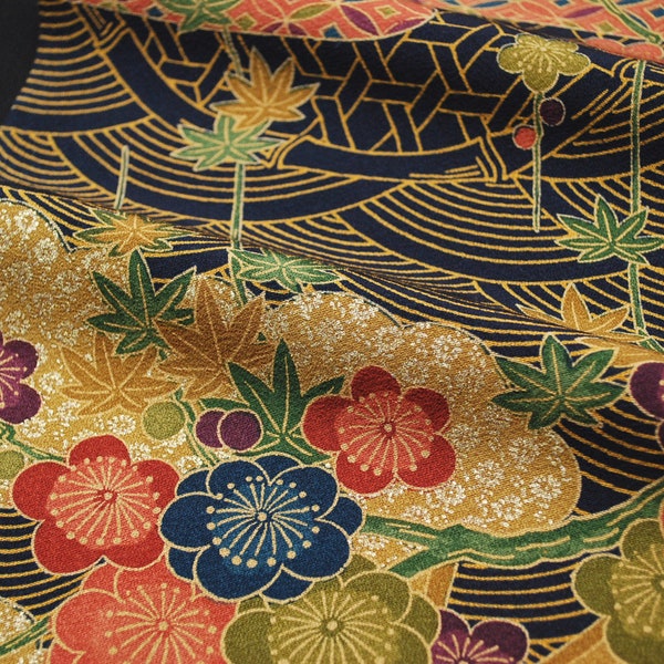 13.5"w. x 40.9"l. Vintage kimono silk fabric, plum blossom, rough sea, and other Japanese traditional motifs 4298A