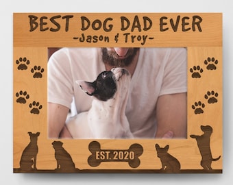 Best dog dad custom picture frame engraved, doggy paw prints on wood personalized keepsake photo gift with names and date