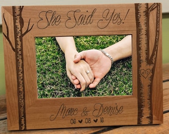 Personalized Engagement Picture Frame Engraved, She Said Yes Wood Photo Gift For Couple.