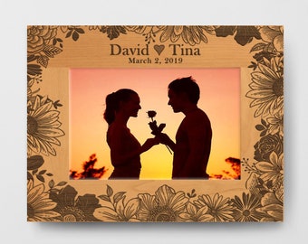 Personalized Newly Engaged Couple Picture Frame Engraved, Floral Home Decor