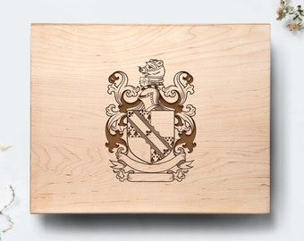Engrave Your Family Crest Shield on Natural Wood Cutting Board, Personalized Last Name, Historical Gift