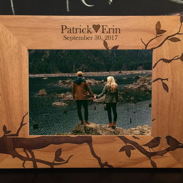 Custom wedding picture frame engraved made from alder wood. Personalized photo gift for couple with tree branches love birds