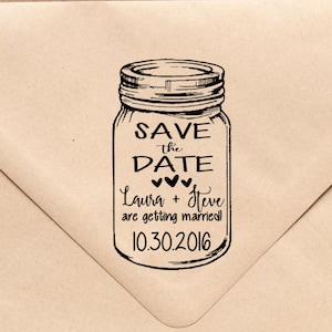 Save the Date Stamp: Personalized Mason jar Stamp 2.5x2.5&quot; Mason Jar Wedding, Wedding Stamp, Save the Date,  Wedding Stamp, rubber stamp
