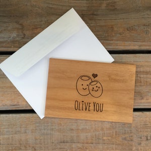 Grabado I Love You Wood Card - Olive You: Regalo de aniversario, lindo regalo de San Valentín