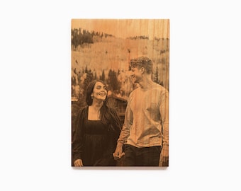 Custom Couple Portrait Engraved on Wood Greeting Card from Photo, Anniversary Gift Idea