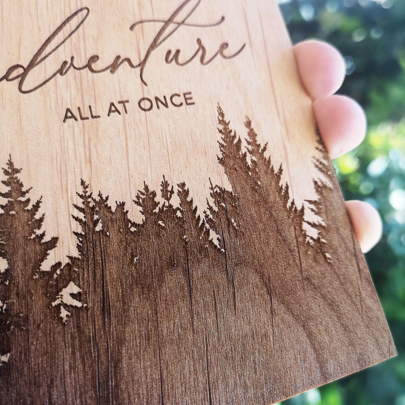 Personalized 5th Wedding Anniversary Gift Wood Card Engraved You Are My Home and Adventure All at Once Forest Design image 2