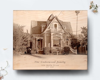 Custom Engraved Photo on Wood Board, Personalized House Portrait.