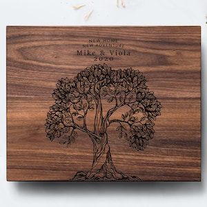 Personalized New Home Wood Cutting Board Engraved with Hand Drawn Tree