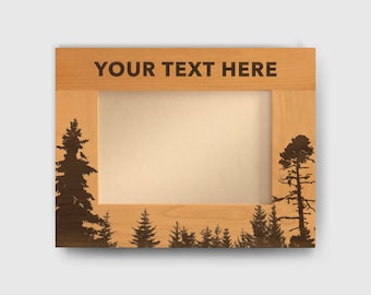 Custom engraved wood picture frame personalized with your name. Forest themed photo frame with pine trees, nature gift for him.