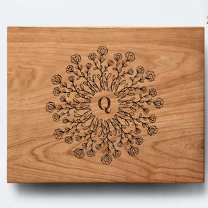 Personalized Floral Wood Cutting Board Carved with Initial | Wedding Gift Idea for Couple