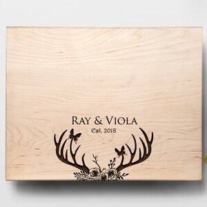 Personalized Floral Deer Antlers Cutting Board Rustic Wedding Gift for Couple.