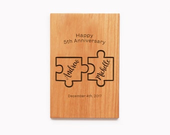 Personalized Puzzle wood 5th anniversary card. Gift for him