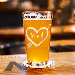 True love monogram, custom etched beer pint glass 16 oz.