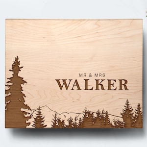 Personalized Mr and Mrs Wedding Gift, Cutting Board Engraved with Mountain and Tree