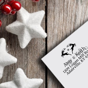 Christmas Stamp: Jumping Reindeer, 2.5&quot;x1&quot; Reindeer Stamp, Holiday Stamp, Gift Stamp, Address Label, Rudolph Stamp, Christmas Stamps