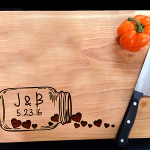 Personalized Engraved Mason Jar Cutting Board, Custom Wedding Anniversary Gift for Wife or Couple.
