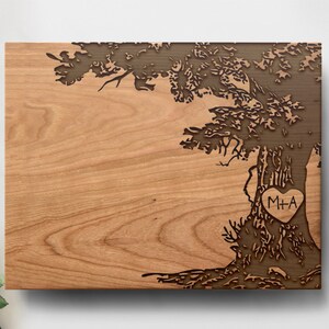 Laser Engraved Tree Cutting Board with Initial, Personalized Wedding Gift for Couple, Wood Kitchen Decor