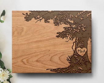 Laser Engraved Tree Cutting Board with Initial, Personalized Wedding Gift for Couple, Wood Kitchen Decor