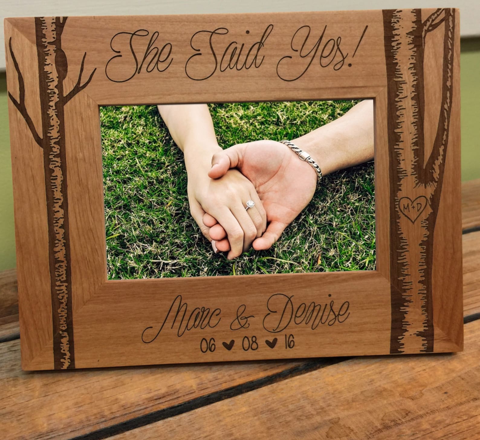 Personalized Engagement Picture Frame Engraved, She Said Yes Wood Photo