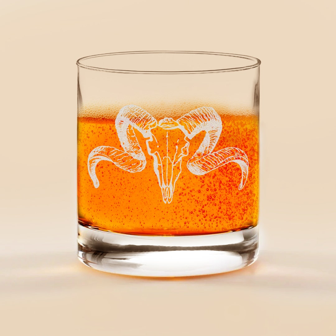 Engraved Ram Skull Whiskey Glass Animal Horn Decor Gift for Men's
