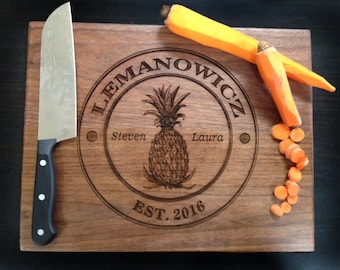 Pineapple Wood Cutting Board Custom Engraved, Personalized Wedding Gift for Couple Unique Housewarming Decor.