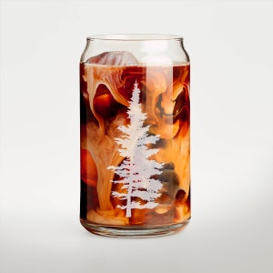Etched pine tree iced coffee can glass, nature themed valentines gift for him/her