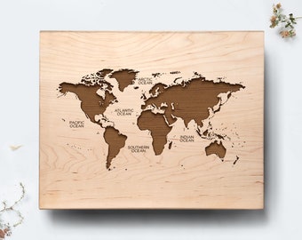 Laser Engraved World Map on Natural Wood Cutting Board