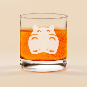 Etched cute hippo head glass for water or whiskey