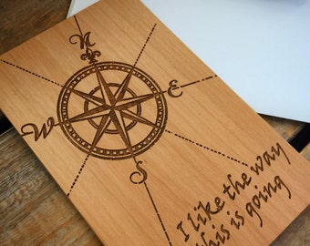 Personalized Compass Rose Wood Love Card Engraved, Unique Idea for Boyfriend and Girlfriend, His and Hers Gift.