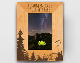 Personalized Happy Camper Picture Frame, Engraved Wood with Trees, Mountain, Tent, Moon