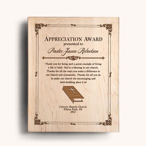 Personalisierte Pastor Appreciation Day Geschenk, gravierte Preisplakette auf Naturholz