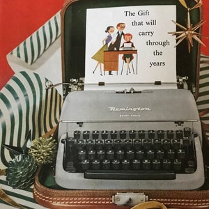 Retro Office Christmas Decor: Remington Typewriter Ad, Christmas Gift Ad 1956, Typewriter in Christmas Wrap, Mid Century Vintage Typewriters