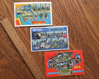 Set of 3 vintage BIG LETTER postcards original & unused, featuring retro tourist souvenirs from the Smoky Mountains, Virginia, 21