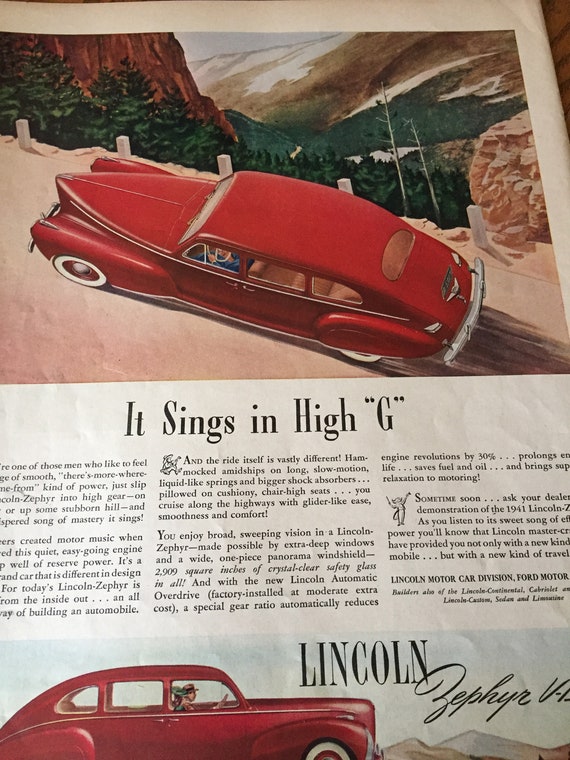 1941 Red Lincoln Zephyr V12 Ad to Frame, Living Life on the Edge Moment,  Travel in a Car Mid Century, Classic Lincoln Zephyr, A9 - .de