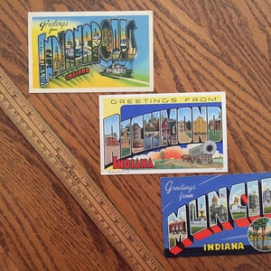 Set of 3 vintage BIG LETTER postcards original & unused, featuring retro tourist souvenirs from Indiana Indianapolis Richmond Muncie 30